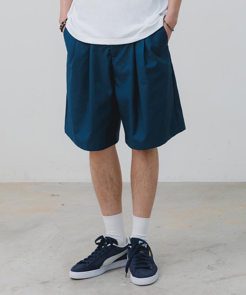 BAKKEN Side Hidden Elastic Two-Pleat Wide Half Pants Bk8903_Blue
