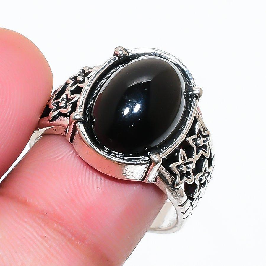 Natural Black Onyx Gemstone 925 Sterling Silver Jewelry Ring Size 8.5 RR-129