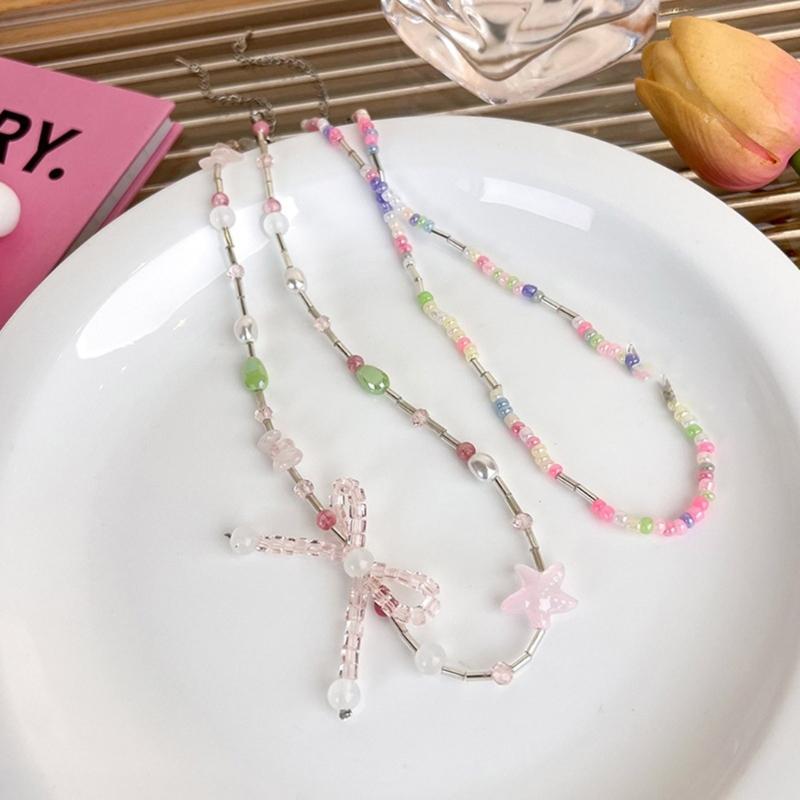 Bowknot Beaded Choker Colorful Beaded Necklaces Bowknot Necklace Artificial Crystal Material Gift for Girls Children