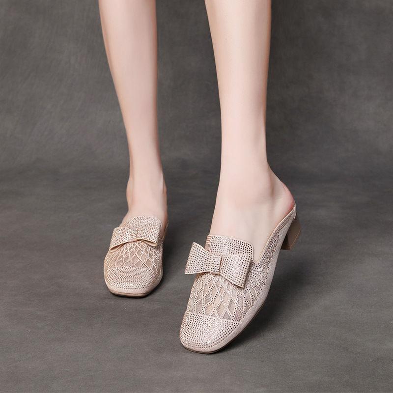 Rhinestone With Bow Women's Slippers and Ladies Sandals Medium Heel Mesh Breathable Casual Shoes 2025 Luxury 39 Low Price Slides