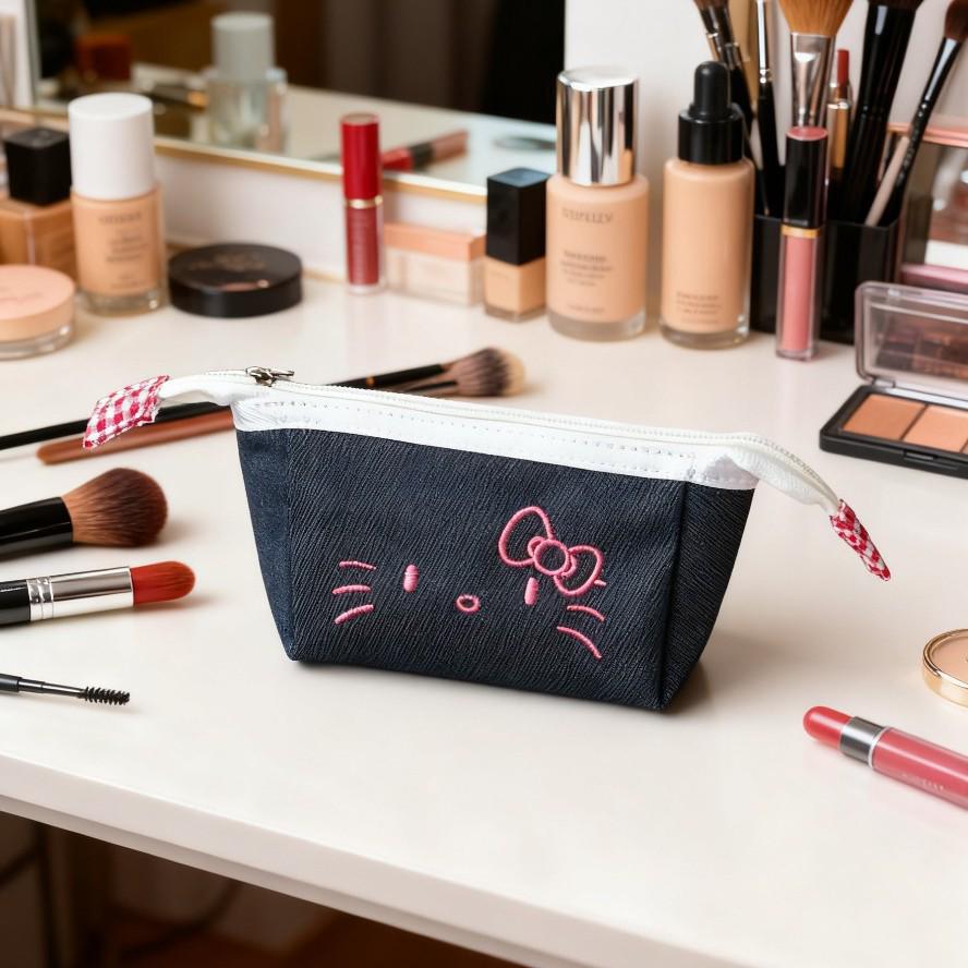 Canvas Embroidered Women s Makeup & Pencil Bag - Large Capacity синий