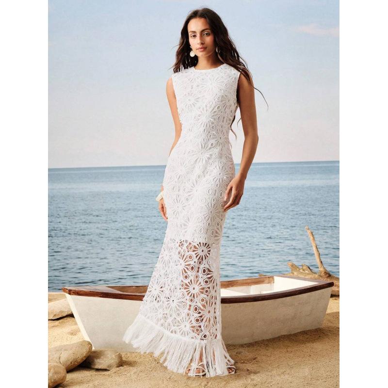 European summer new gentle wind white hollow tassel hem sleeveless elegant dress women S