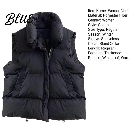Sleeveless Waistcoat Winter Up Collar Padded Zipper Coat Thickened Women Vest Closure Stand Solid Color