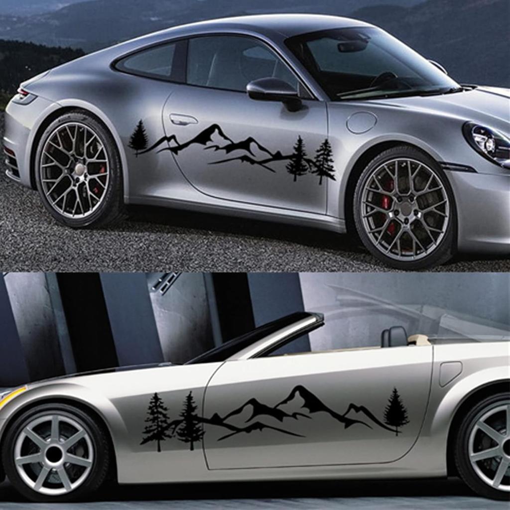 2Pcs Reflective Car Sticker Kit, Mountain Decal Tree Forest Vinyl Graphic for Camper RV Trailer, Waterproof, Easy Installation, Black