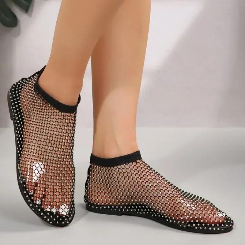 Crystal Loafers Woman Luxury Designer Mesh Flats Casual Walking Shoes 2026 Summer Shallow Dress Cool Boots Versatile Sandalias