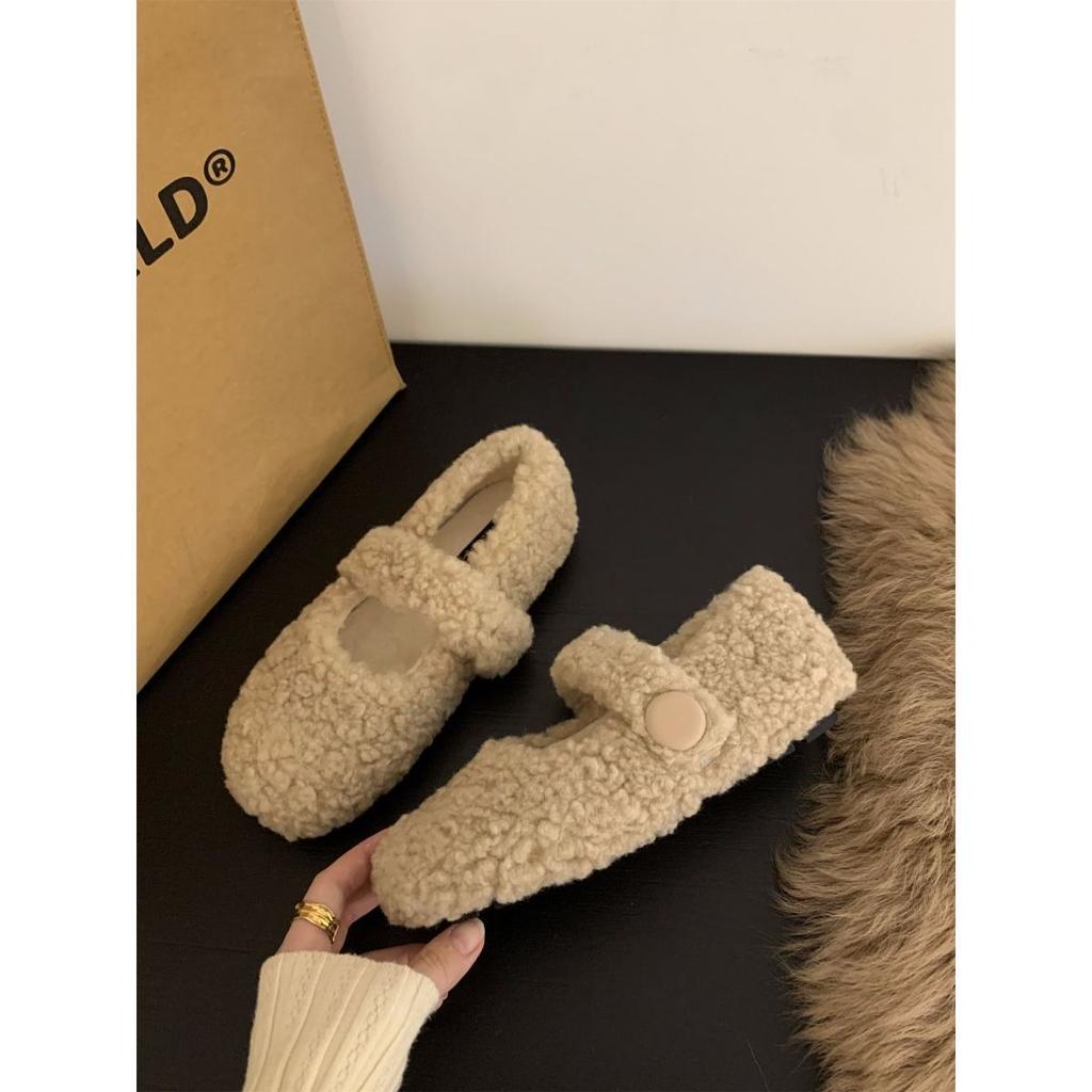 Flat-bottomed Versatile Mary Jane Fluffy Shoes Women's Shoes Wear 2025 New Autumn and Winter Foreign Style Velvet Cotton Shoes Single Shoes