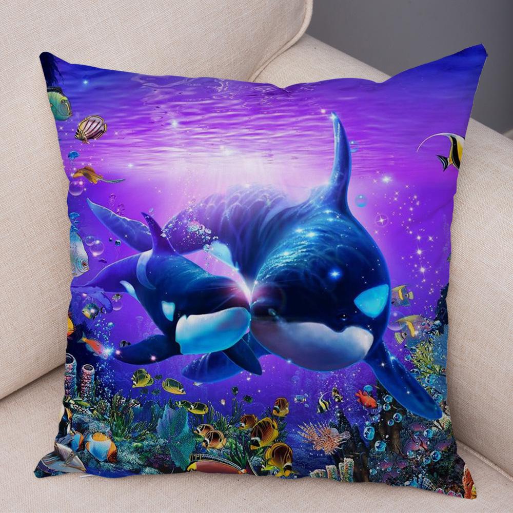 Marine Turtle Dolphins Shark Cushion Cover Short Plush Decor Colorful Ocean Animal Pillowcase Pillow Case for Sofa Home Car