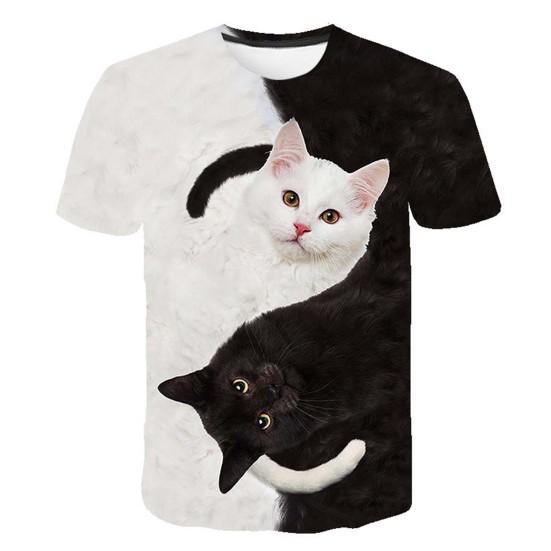 T-shirt Short Sleeve 3D Cats Print Top Men Women Color Block O Neck Blouse for Summer M белый