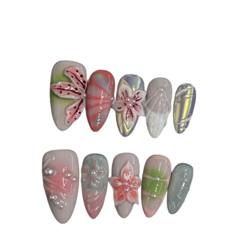 Handcrafted Press-On Nails With Floral Carving Design Thin Fit Women Stylish Manicure