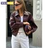 Jaqueta de Couro Curta Solta Cor Vinho Vintage Moda Feminina Gola Lapela Mangas Longas Zíper Jaqueta Cropped Outono 2025 Roupa de Rua Feminina