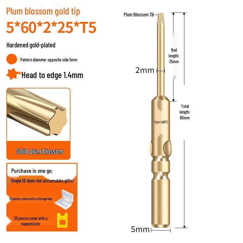 Plum Blossom Hexagon Gold Bit Set: T5-T20 Electric Screwdriver Tips