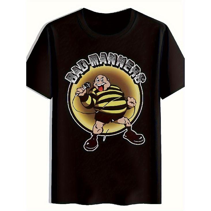 Men'S Black Punk Rock Band T-Shirt - Bad Manners Ska Music Graphic with Jamaican Toaster Cartoon & Microphone Print, Retro 2 Tone Design, Machine