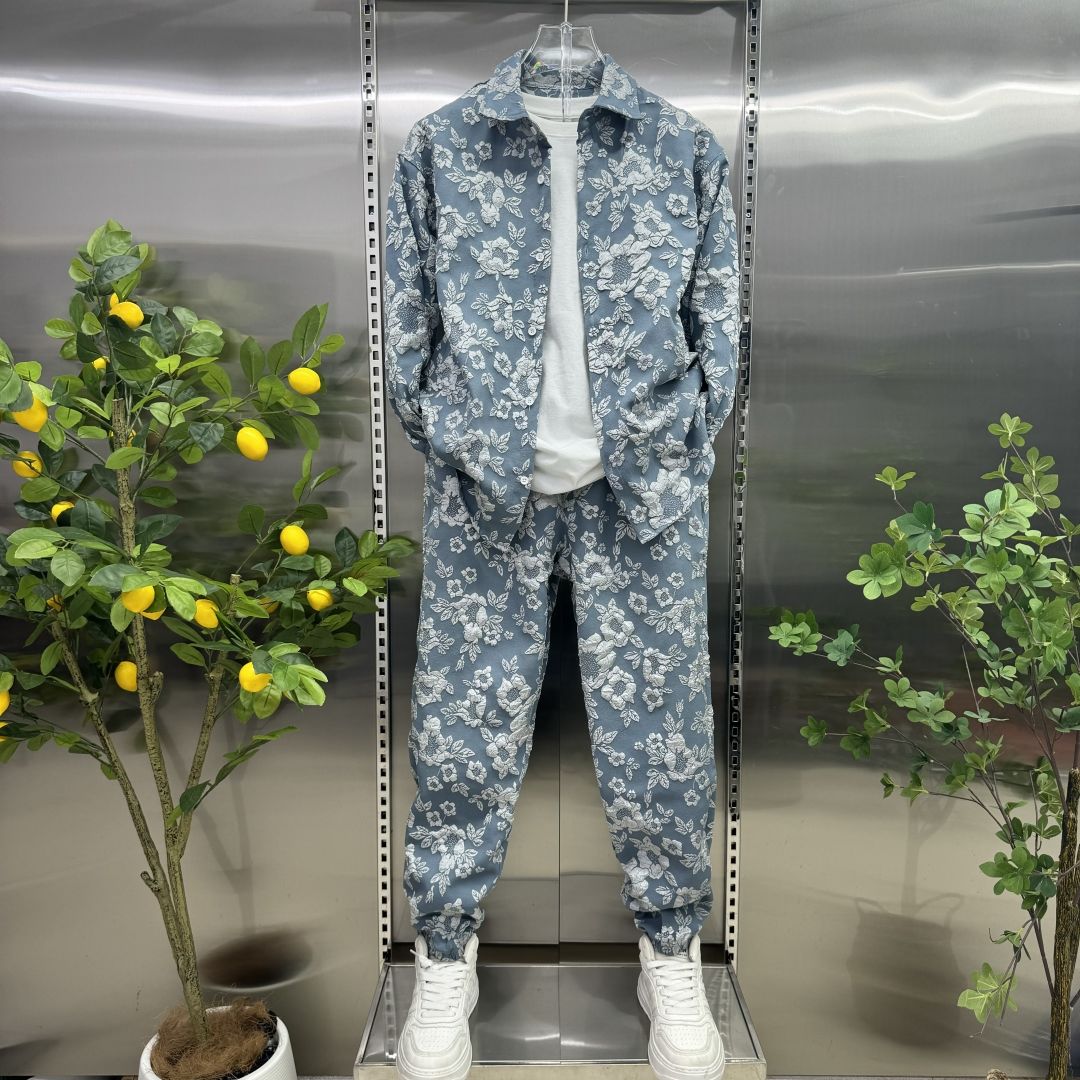 Herren Relief Jacquard Hemdjacke Zweiteiliges Hosen-Set Trendige Marke High-End Freizeit Sportanzug M