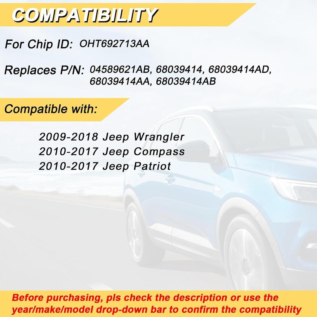 Key Fob Replacement for 2009-2018 Jeep Wrangler/ 10-17 Compass Patriot Car Keyless Entry Remote Control, OHT692713AA, 4 Buttons, 2Pcs