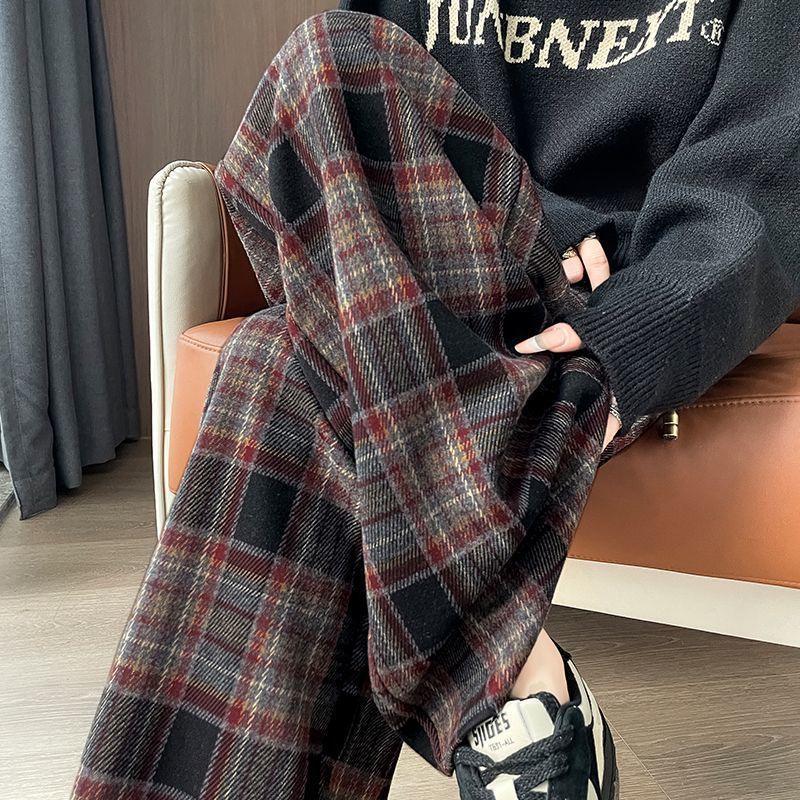 

Plus Size Wool Plaid High-Waist Pants, Women’s Autumn/Winter Retro Color Block, Narrow/Wide Leg Options 4XL (160-180 lbs)