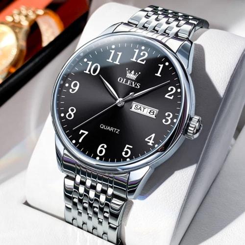 Olevs Tokei Watch Men's Black Simple Waterproof Watch Men's Stainless Steel Watch for Men Analog Silver Band Popular Wrist Watch Stylish Men's Busines