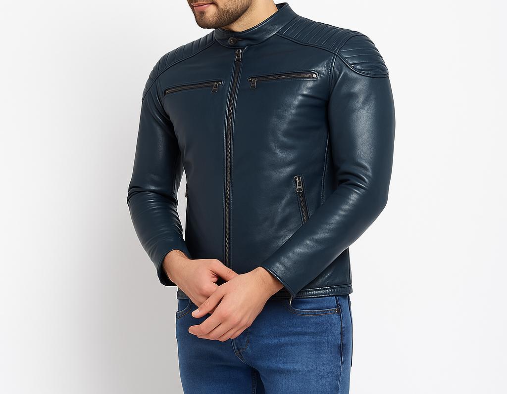 NOORA New Leather Jacket for Men Slim Fit Navy Blue Color