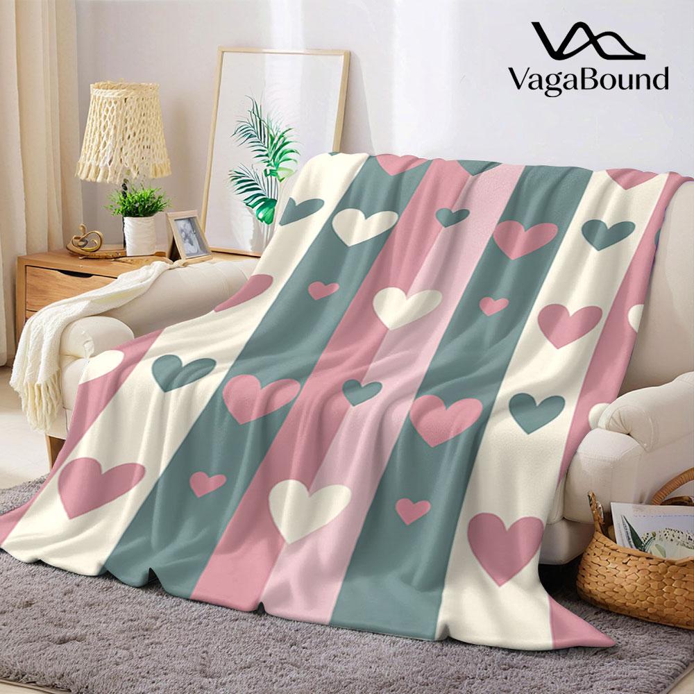 Pastel Stripe Heart Flannel Blanket Perfect for Sofa Office Bed Travel Sleep Read Relax Camping four season use