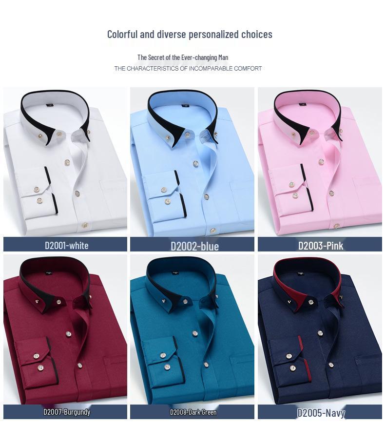 Men's Stretch Long Sleeve Contrast Collar Non-Iron Shirt - Business Casual, Spring/Autumn