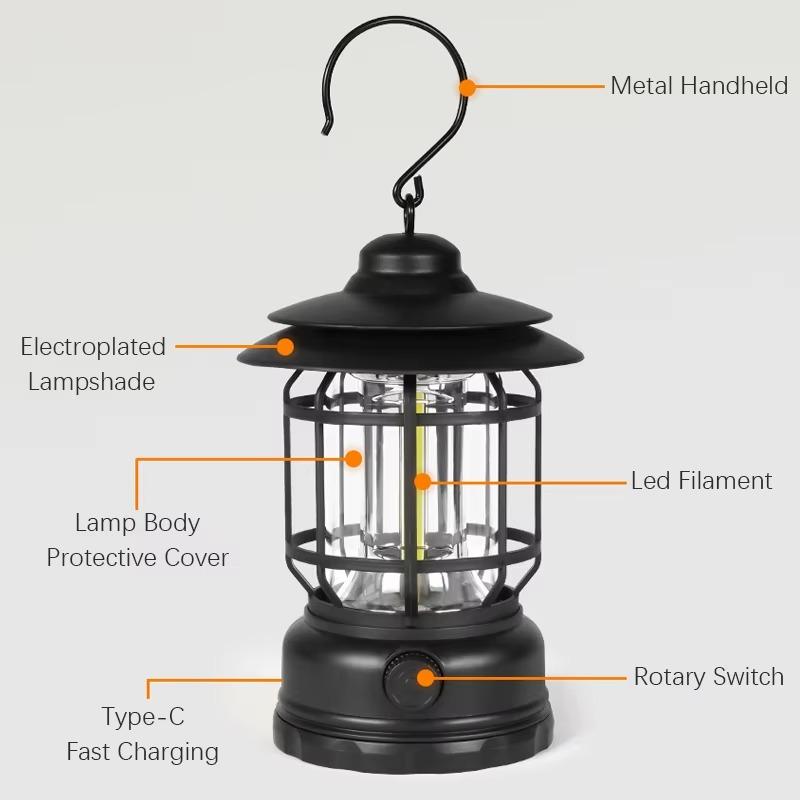 Camping Lantern USB Rechargeable Battery Powered Retro Camping Light Waterproof Hanging LED Tent Lamp for Hiking Fishing