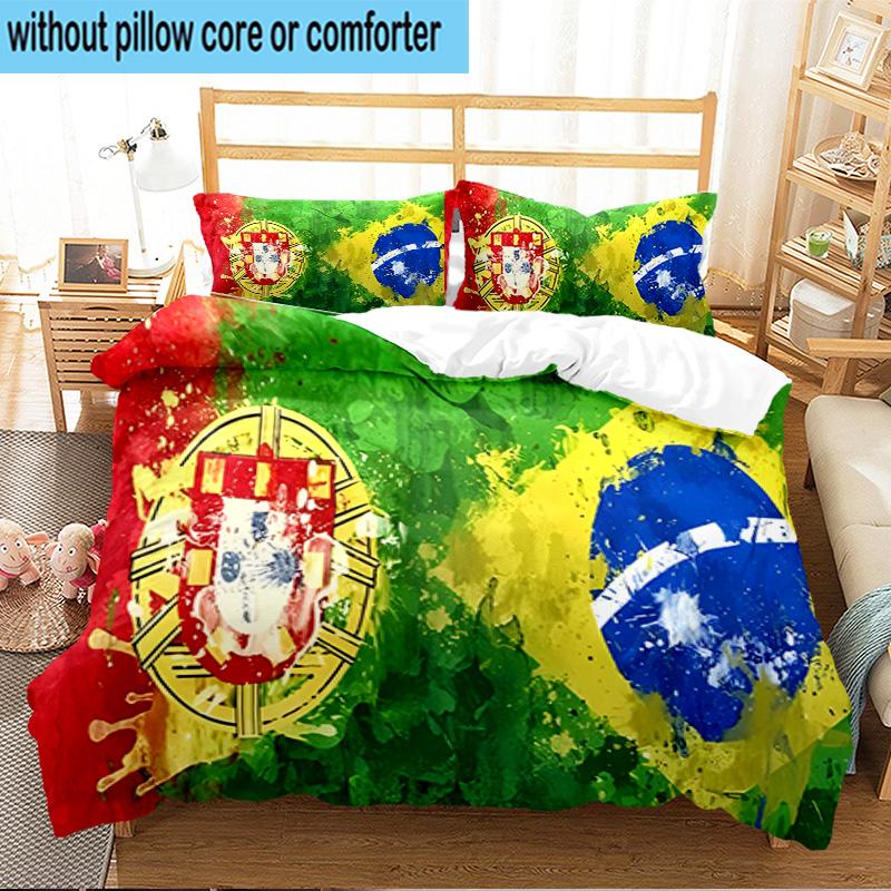 3PCS Flags Of Portugal And Brazil Bedding Set For Bedroom, Dormitory,Including 1pc Duvet Cover And 2pcs Pillowcases Large size Fan gift