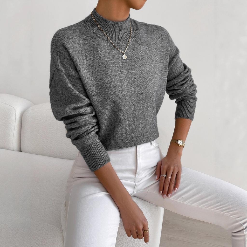 Solid Color Loose Knit Top Semi High Neck Pullover Long Sleeved Sweater Women Autumn and Winter