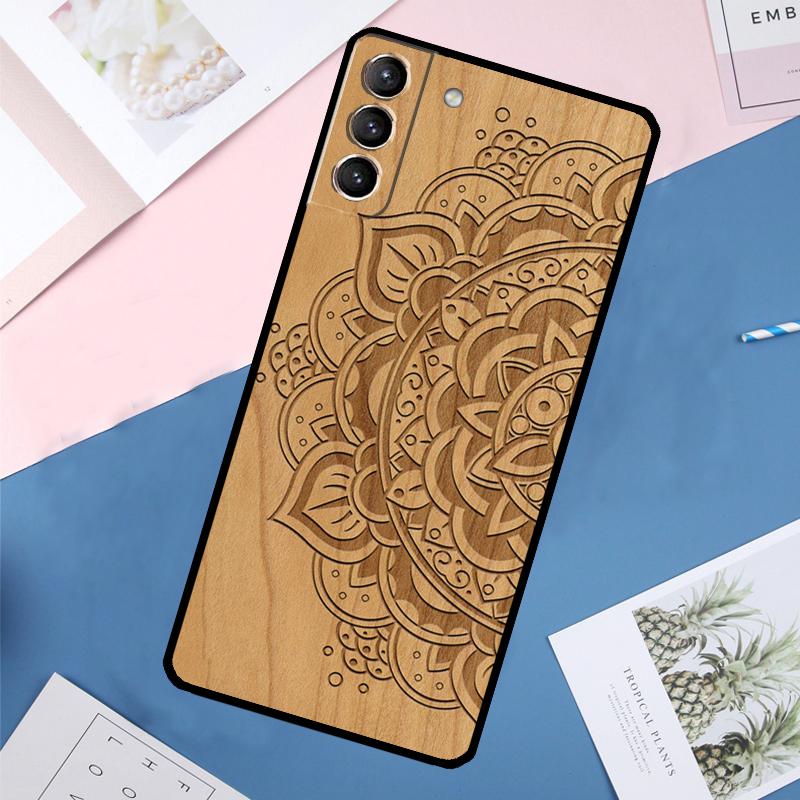 Mandala Floral Wood Case For Samsung Galaxy S25 Ultra S24 S23 S22 S21 Ultra S9 S10 Plus S23 FE S25 FE Back Cover