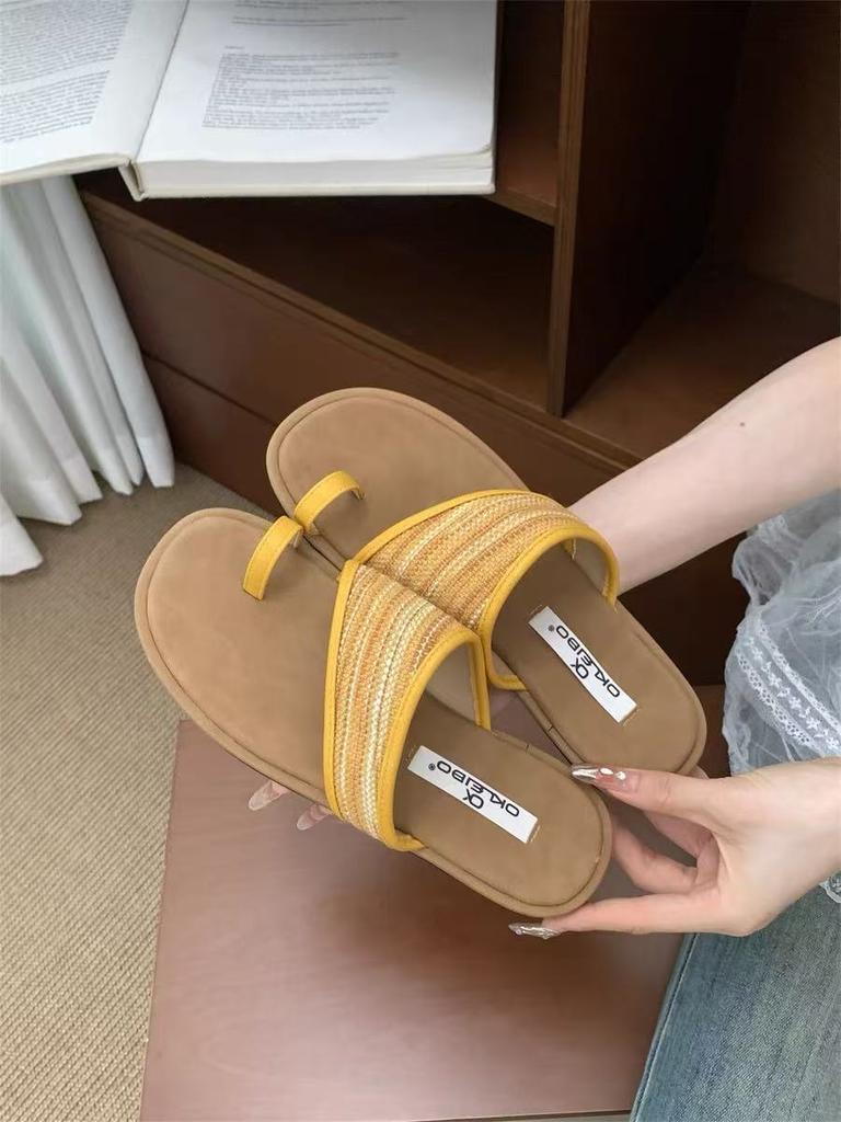 Flat-bottomed Toe French Sandals Fairy Wind Wear 2025 Summer Vintage Woven Seaside Roman Beach Slippers