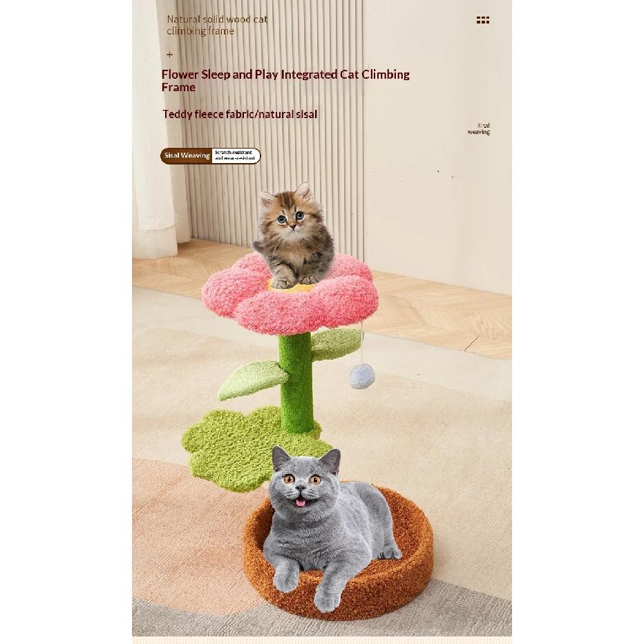 Small Flower Cat Tree with Sisal Scratch Board and Cat Bed, Space-Saving Cat Tower for Indoor Cats, Pet Decor