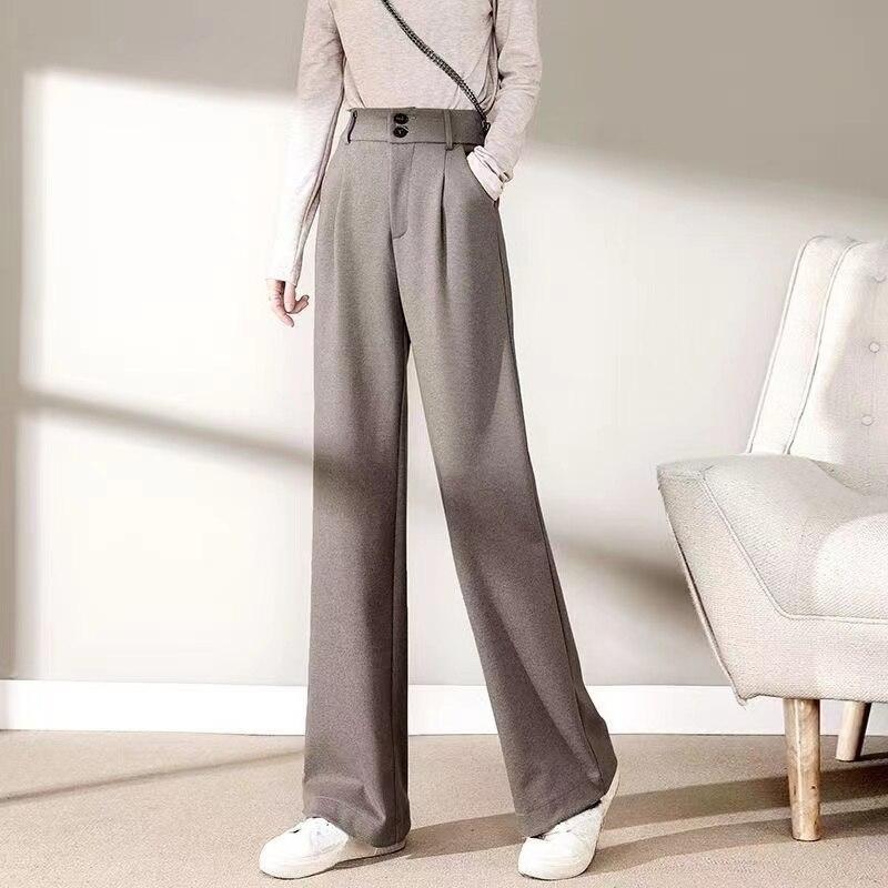 Winter Frauen Woolen Hosen Casual Solide Wolle Frau Breite Bein Hosen OL Stil Hohe Taille Weibliche Gerade Lange Hosen Dropshipping