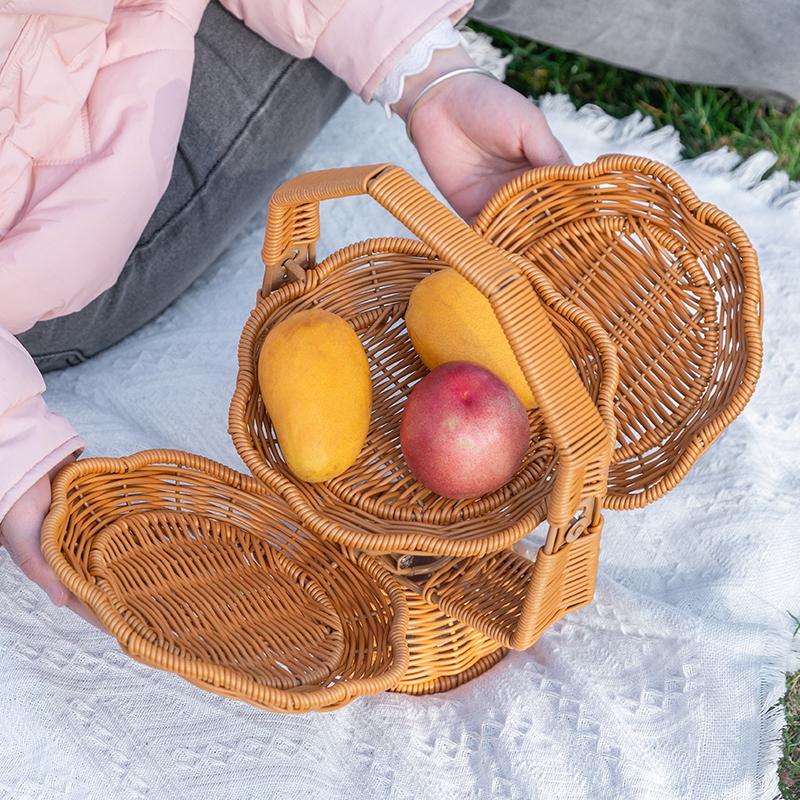 Rattan Style Two-Tier Collapsible Fruit Basket with Handles Portable Kitchen Counter Storage Bin Curved Serving Snack Organizer