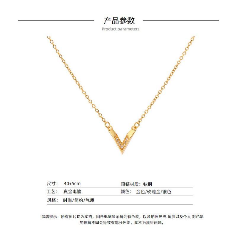 Ins Style Simple V Shaped Diamond Pendant Titanium Steel Clavicle Necklace For Women