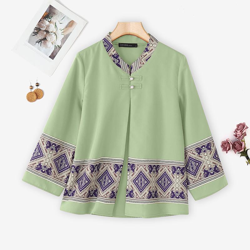 ZANZEA Women Ethnic Print Casual Round Neck Loose Long Sleeve Cardigan Blouse