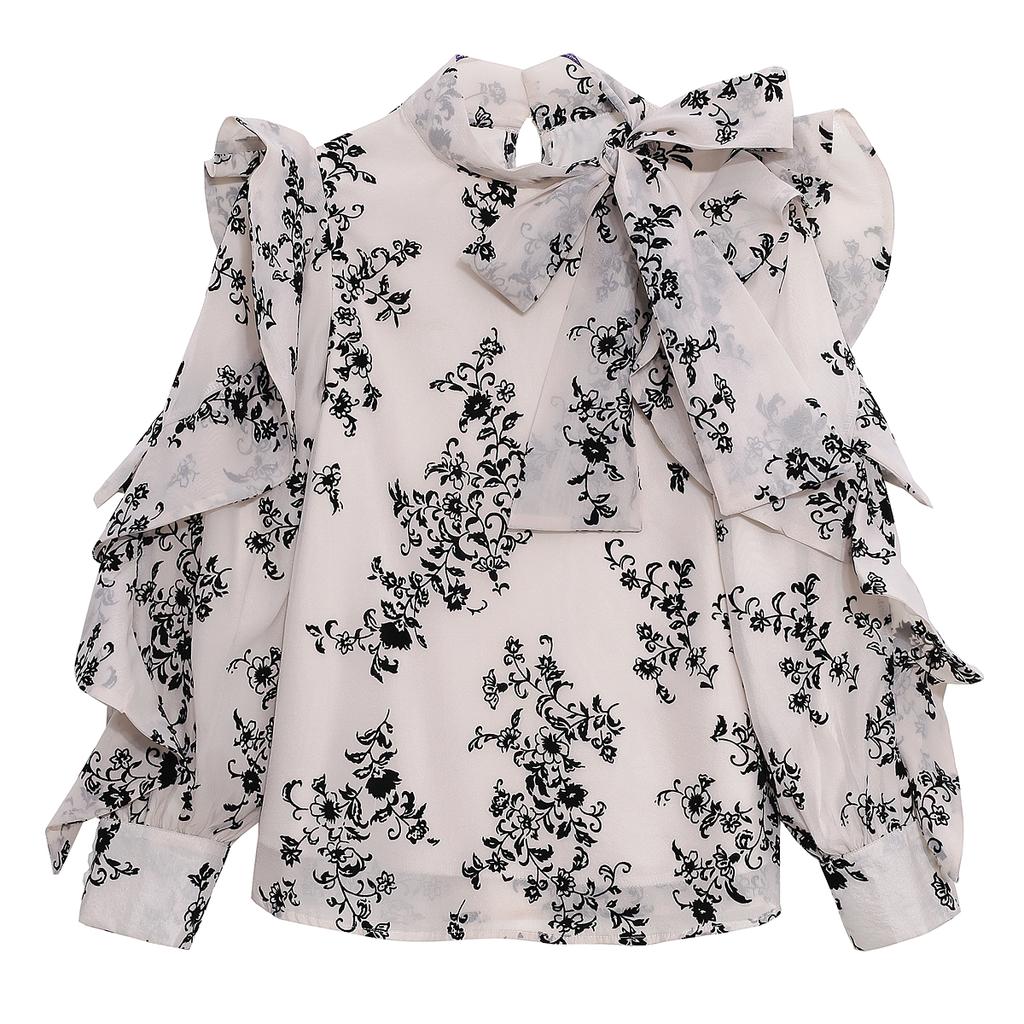 Fashion New 2024 Autumn Ruffles Long Sleeve Bow Collar Print Chiffon Blouse Shirt Women Tops Blouses Shirts J467