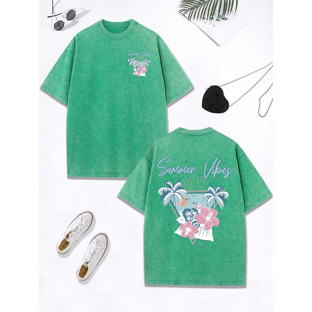 Summer Vibes Hawaii Beach Prints Washed T-Shirts Womens Cotton Oversized Tops Distressed T Shirts Street Womans Clothes