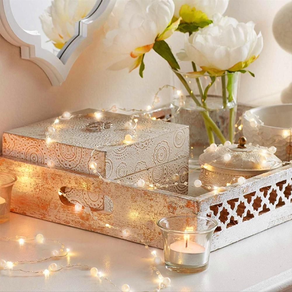 2m 20 LED Battery Operated Copper Wire String Light with Artificial Pearl Xmas Wedding Party Decor