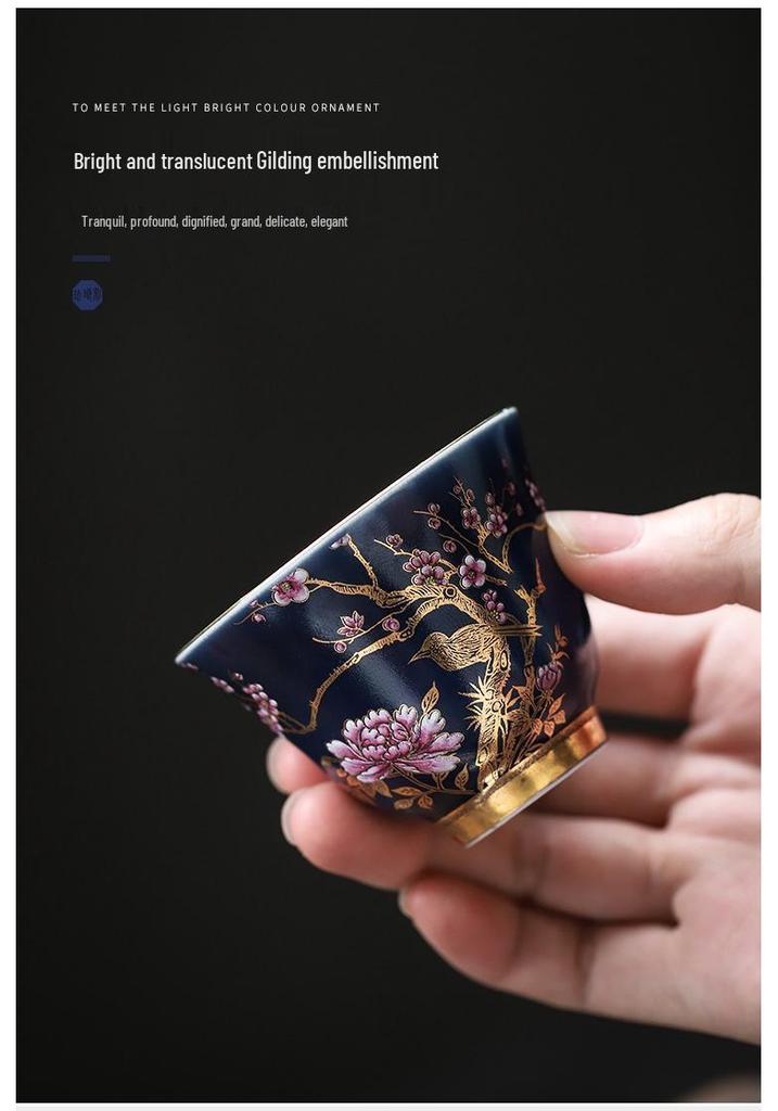 Sky Blue Gold-Accented Small Teacup Set for Home, Personalized Kung Fu Tea Tasting, Six-Cup Gift Box for Gifting.