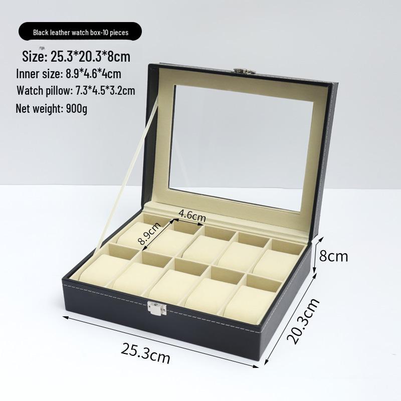 Dustproof Wood Grain Leather Jewelry Watch Box with Glass Display Top