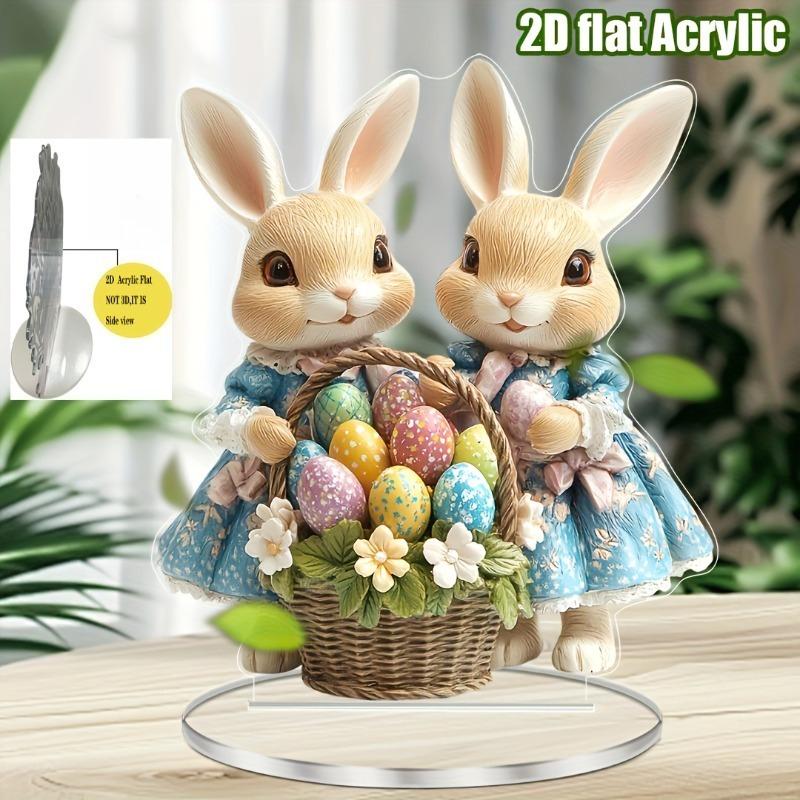 2D Flat Print Style Easter Bunny Acrylic Desktop Decoration, Colored Egg Basket, Suitable for Wall Decoration, Porch, Room, Villa, Accents Home, Hallw