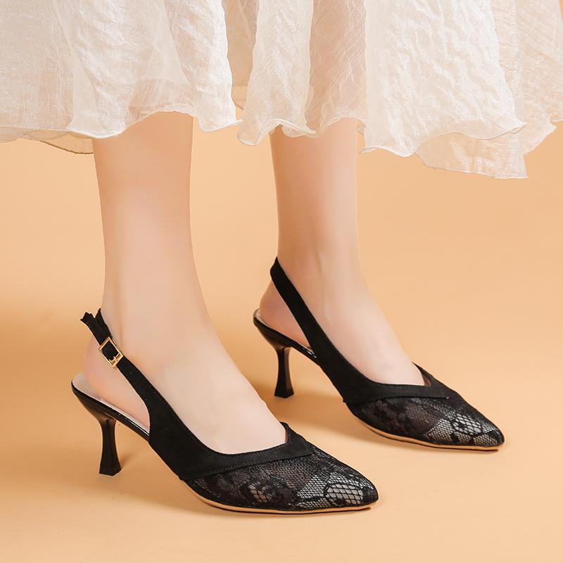 Fashion Lace Mesh Baotou Sandals Women's Summer Outward Wear Temperament Shallow Mouth Stiletto Heel Hollow Four-season High Heels