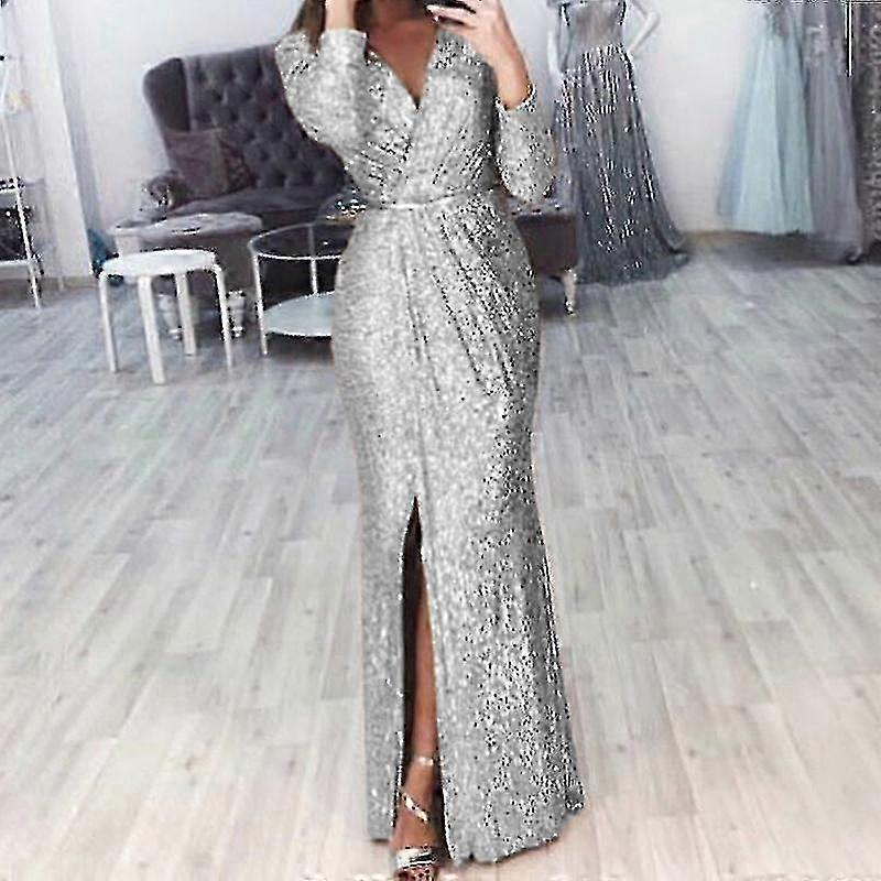 Women Deep V Neck Sequin Dress With Slit Long Sleeve Club Party Evening Dress For Women Lady - JA