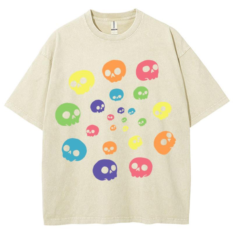 Cute Funny Style Colorful Skull Print Women's T-Shirt Round Neck Loose Oversized Short Sleeve Fashion Design Vintage Top Tee