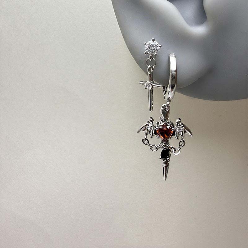 Punk Red Zircon Heart Wings Drop Earrings for Women Men Sweet Cool Metal Crystal Cross Piercing Earrings Y2K Jewelry Accessories