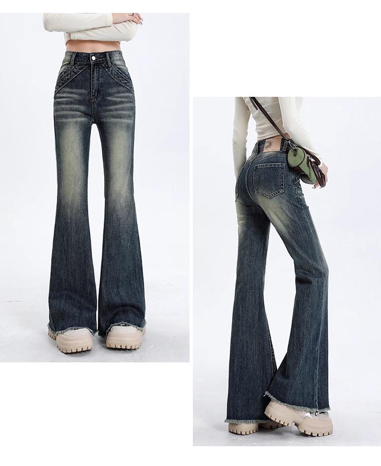 Women's High-Waisted Black Flared Jeans - 2024 Fall/Winter Collection, Slimming, Raw Hem, Floor-Length, Versatile Style