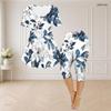 Women Plus Size Round Neck Short Sleeve Blue Floral Printed Flared Top And Capri Pants Two Piece Pajama Set