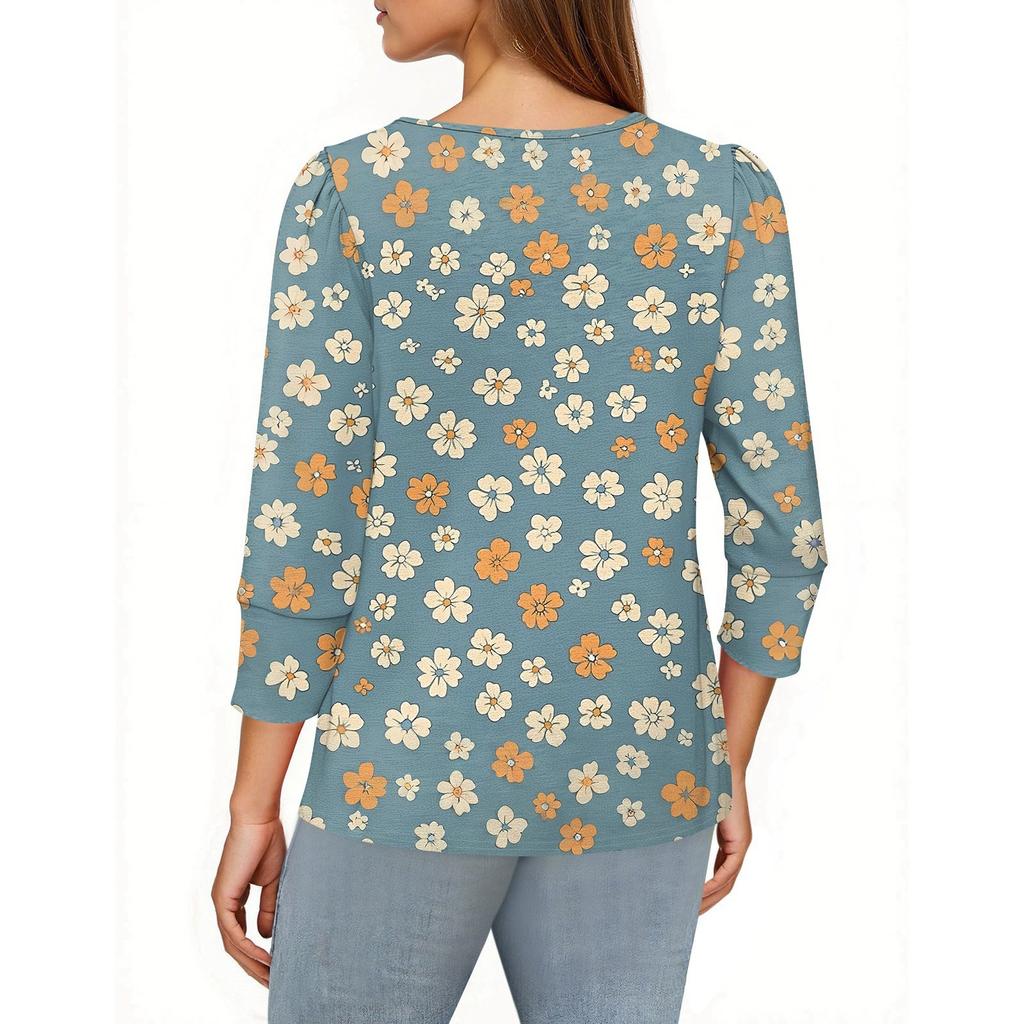 Women's Fashion Casual 3/4 Sleeve Print Shirt Women's Round Neck Tops