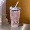 1PC Bow Printed Plastic Water Bottle with Straw and Lid Coffee Cup Tumbler Beverage Transparent Cold Drinks Beverage DrinkingCup