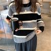 1011 Autumn and Winter Retro Niche Design Sense Color Matching Striped Loose Round Neck College Style Casual Sweater Women's Bottoming Shirt