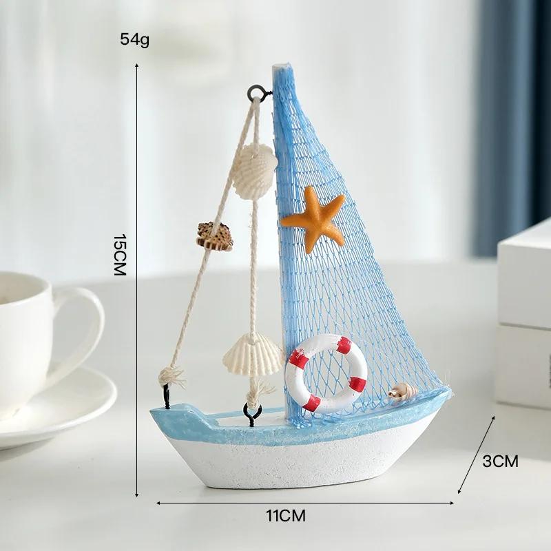 1pc Mini Mediterranean Nautical Wooden Blue Sailing Boat Wood Craft Ornament for Home & Party Decoration