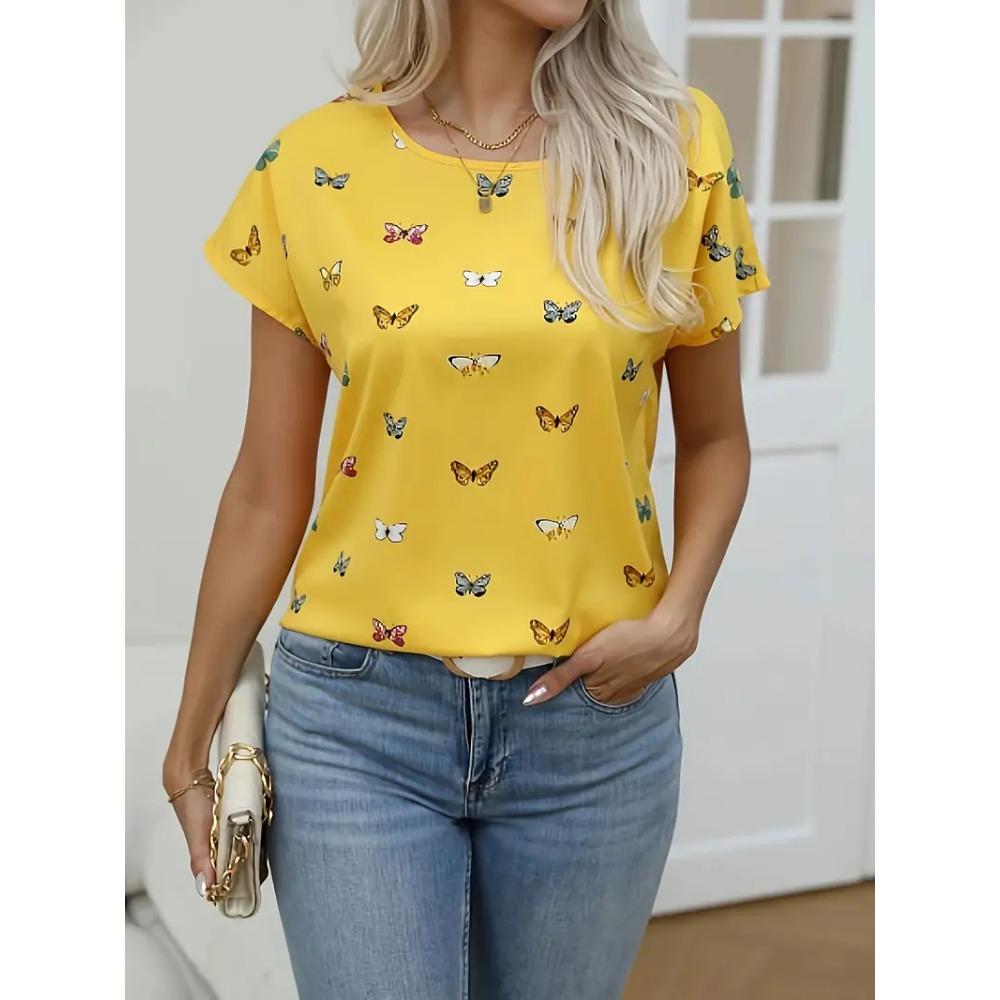 Women's Casual T-shirt, Round Neck Summer T-shirt, Short Sleeved, Bee Flower Print, Outdoor Women's Fashion, Large Clothing
